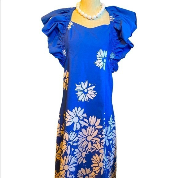 Zara beautiful blue and white floral size medium maxi dress short ruffled sleeve - Picture 1 of 10